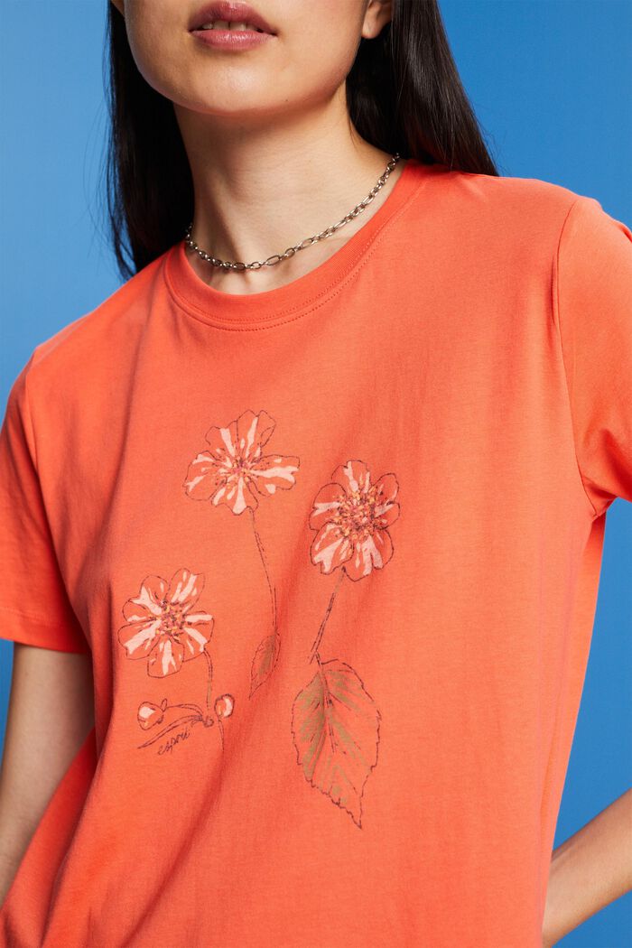 Puuvillainen T-paita, jossa kukkapainatus, CORAL ORANGE, detail image number 2