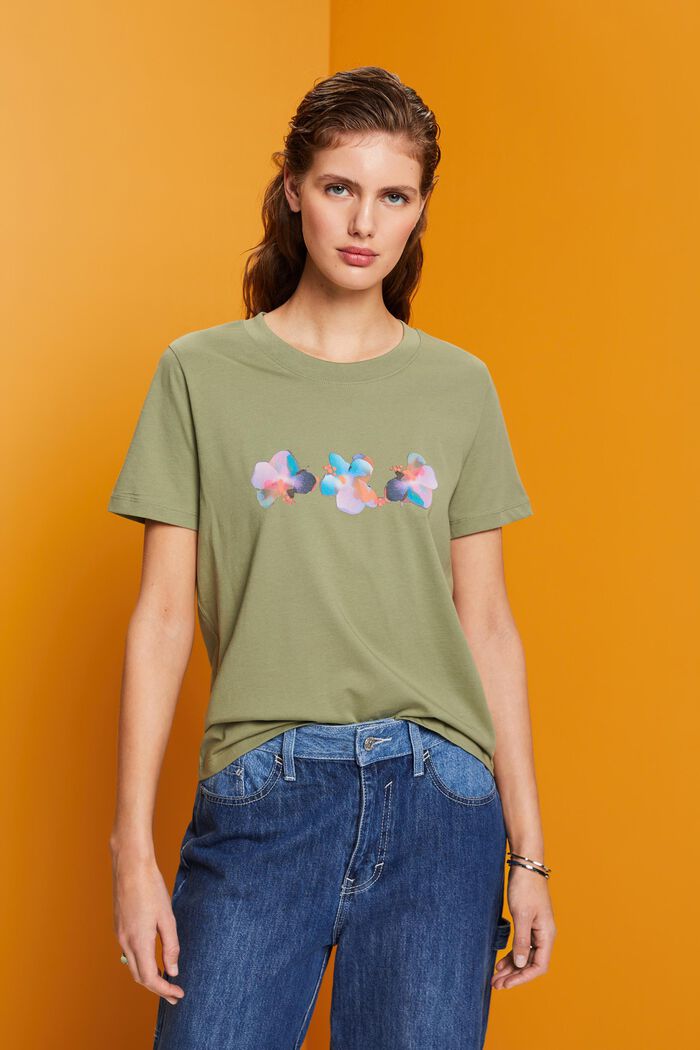 Kukkakuvioitu t-paita puuvillaa, LIGHT KHAKI, detail image number 0