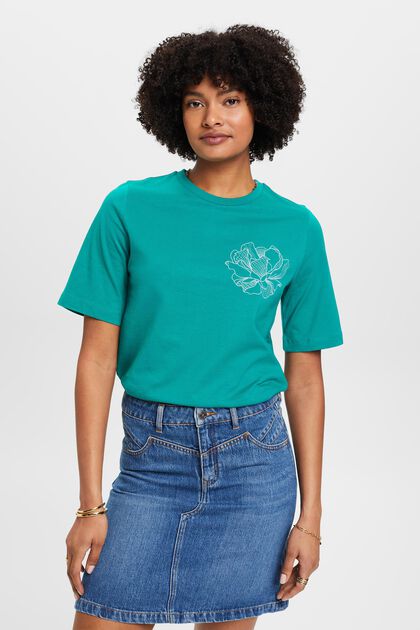Puuvillainen t-paita kukkakirjailulla