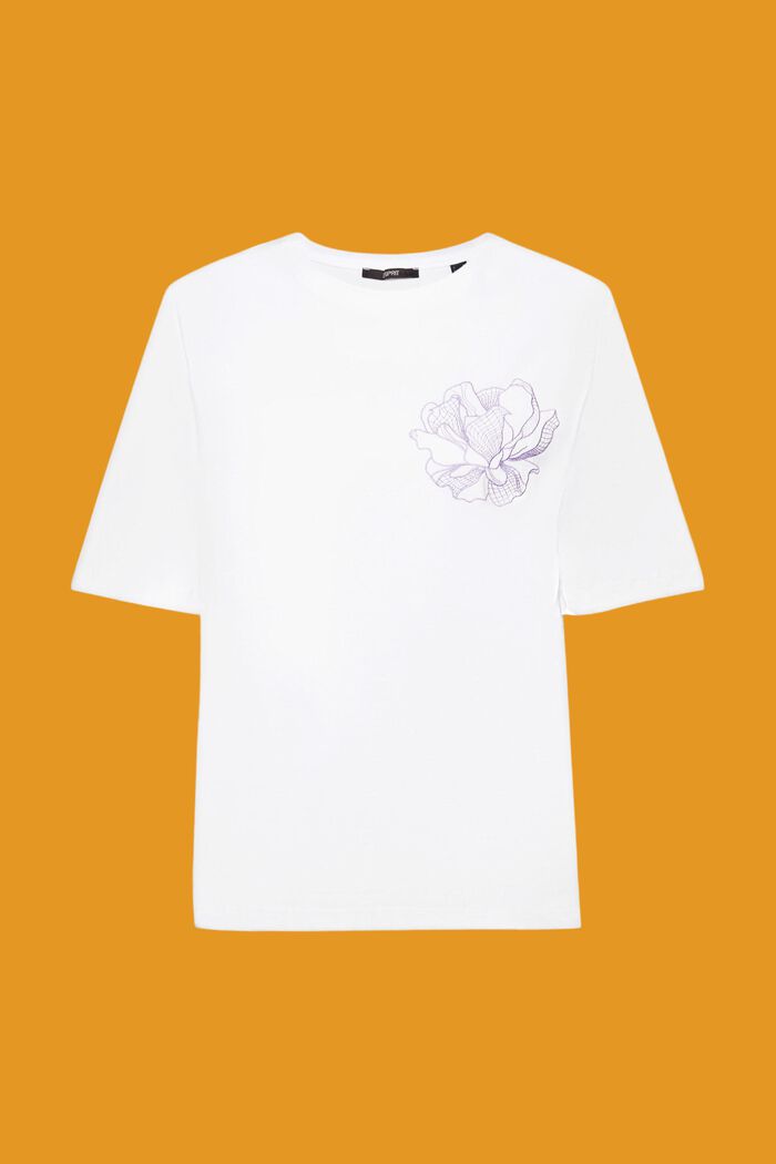 Puuvillainen t-paita kukkakirjailulla, OFF WHITE, detail image number 6