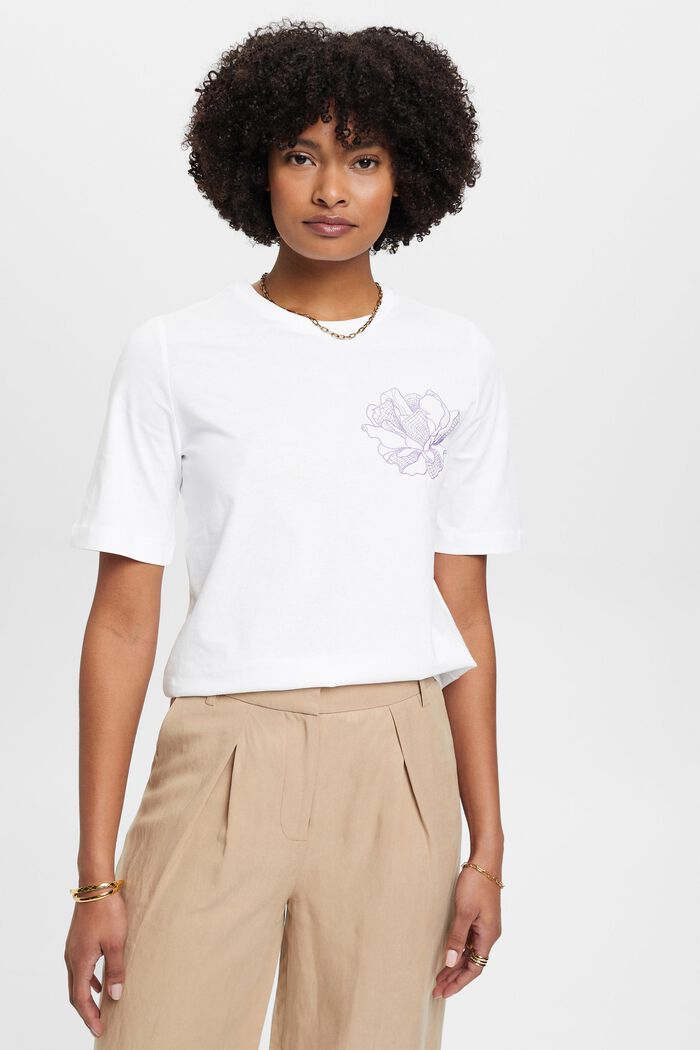 Puuvillainen t-paita kukkakirjailulla, OFF WHITE, detail image number 0