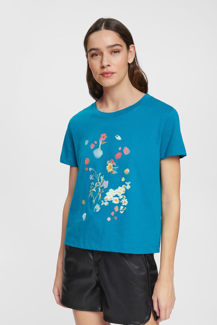 T-paita kukkaprintillä, TEAL BLUE, detail image number 0