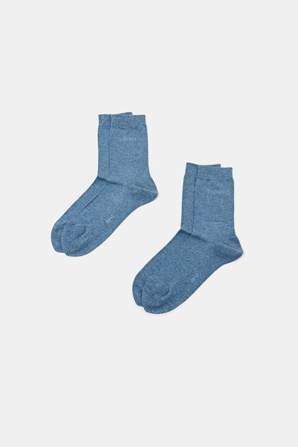 2 paria luomupuuvillasta valmistettuja sukkia, joissa neulottu logo