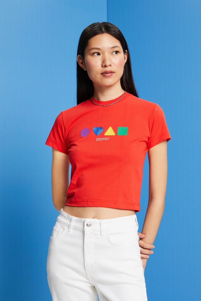 Geometrisesti painettu T-paita luomupuuvillaa, ORANGE RED, detail image number 0