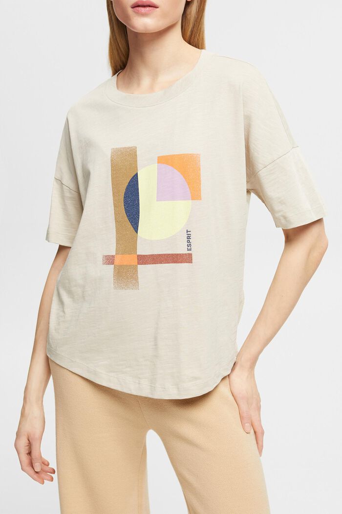 Geometrisesti kuvioitu puuvillainen t-paita, LIGHT TAUPE, detail image number 2
