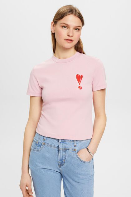 Puuvillainen T-paita, jossa kirjailtu sydänkuvio