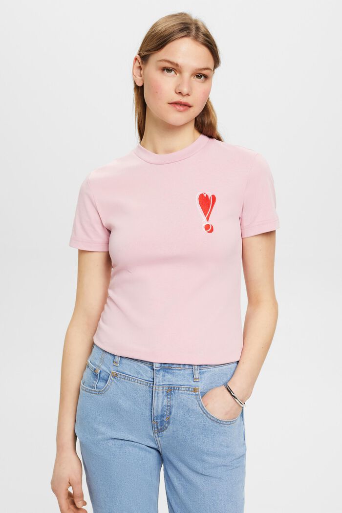 Puuvillainen T-paita, jossa kirjailtu sydänkuvio, PINK, detail image number 0