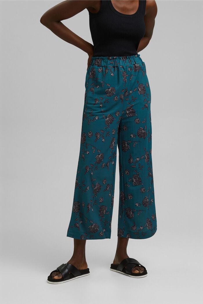 Kukkakuvioiset culottehousut, joissa LENZING™ ECOVERO™ -kuitua, TEAL GREEN, detail image number 0