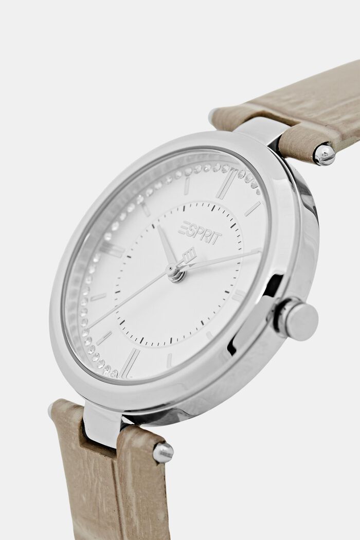 Ruostumattomasta teräksestä valmistettu kello, jossa kohopintainen nahkaranneke, GREY, detail image number 1