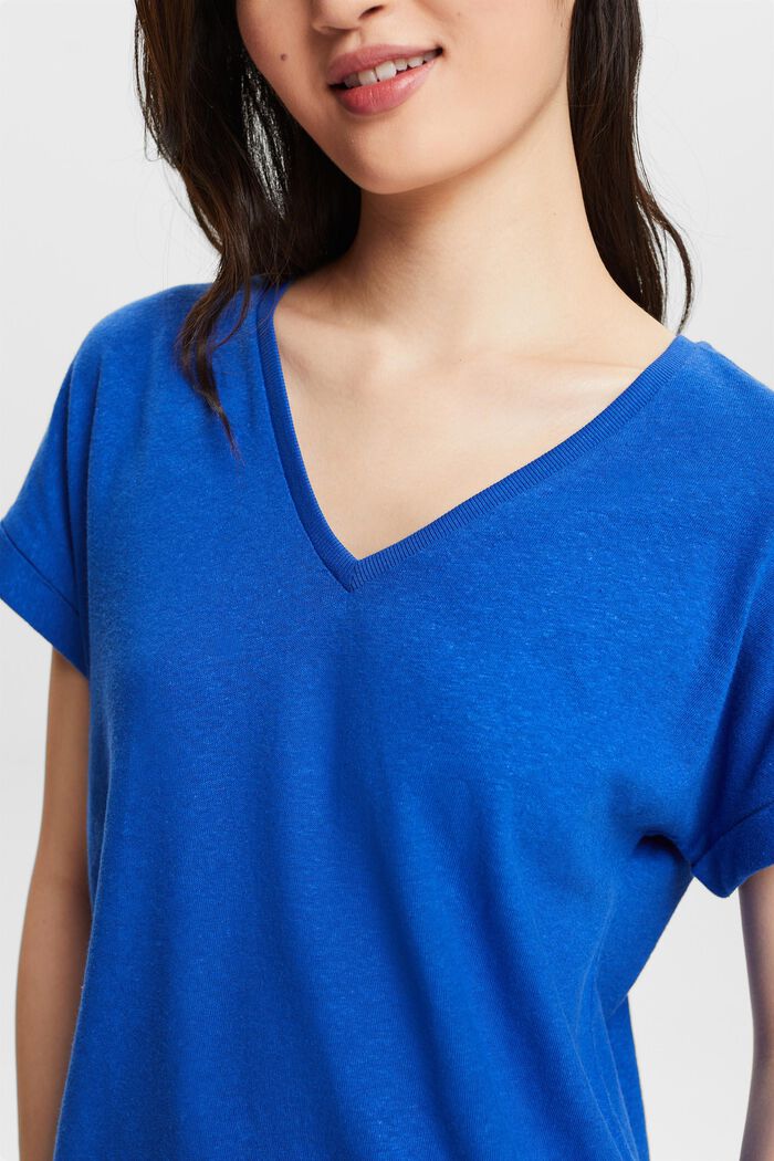 T-paita puuvillapellavaa, V-pääntie, BRIGHT BLUE, detail image number 3