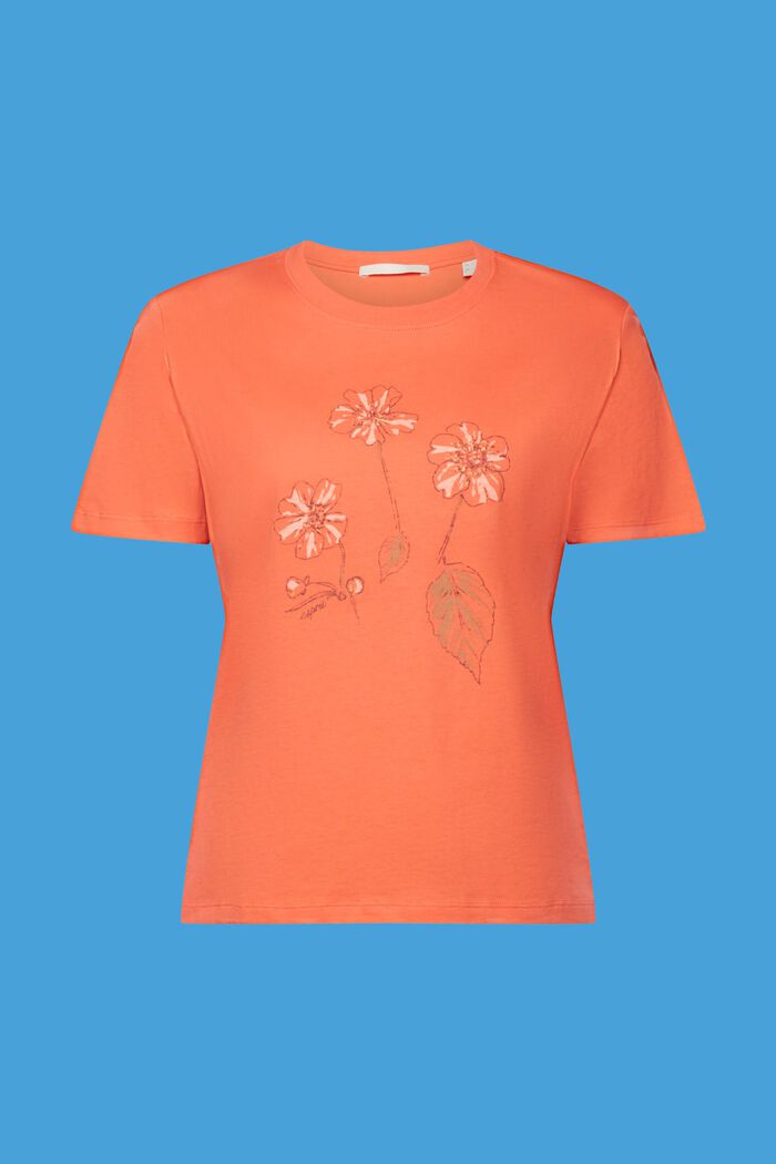Puuvillainen T-paita, jossa kukkapainatus, CORAL ORANGE, detail image number 6