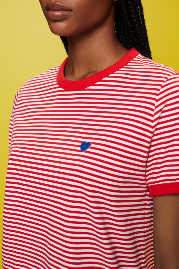 Brodeerattu raita-T-paita puuvillaa, RED, detail image number 2