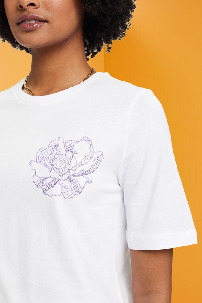 Puuvillainen t-paita kukkakirjailulla, OFF WHITE, detail image number 2