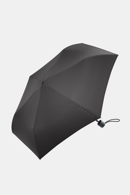 Musta taskusateenvarjo, jossa logopainatus