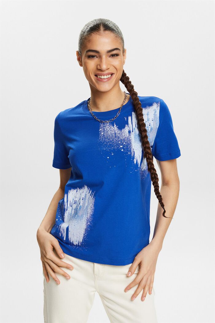 Graafisesti kuvioitu t-paita puuvillaa, BRIGHT BLUE, detail image number 0