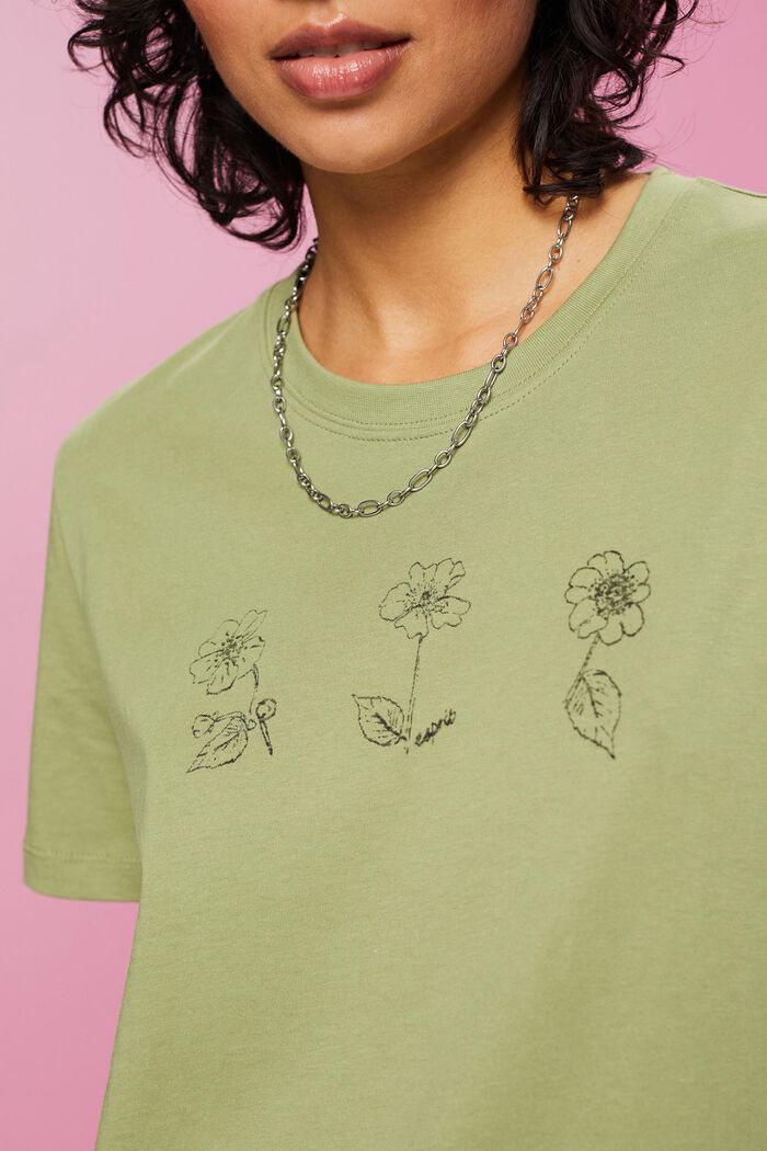 Puuvillainen T-paita, jossa kukkapainatus, PISTACHIO GREEN, detail image number 2