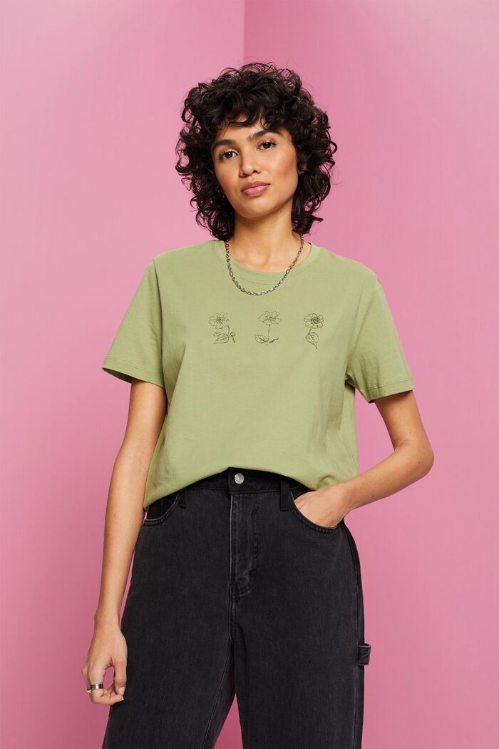 Puuvillainen T-paita, jossa kukkapainatus, PISTACHIO GREEN, detail image number 0