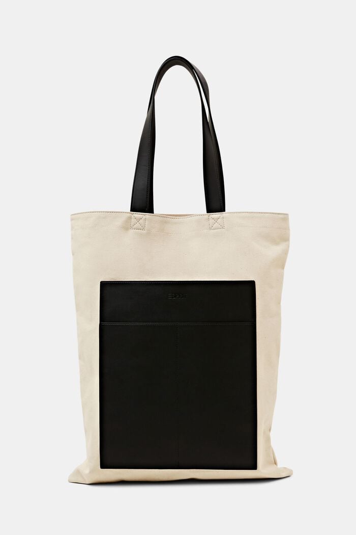 Tote bag puuvilla-canvasia ja vegaanista nahkaa, BLACK, detail image number 0