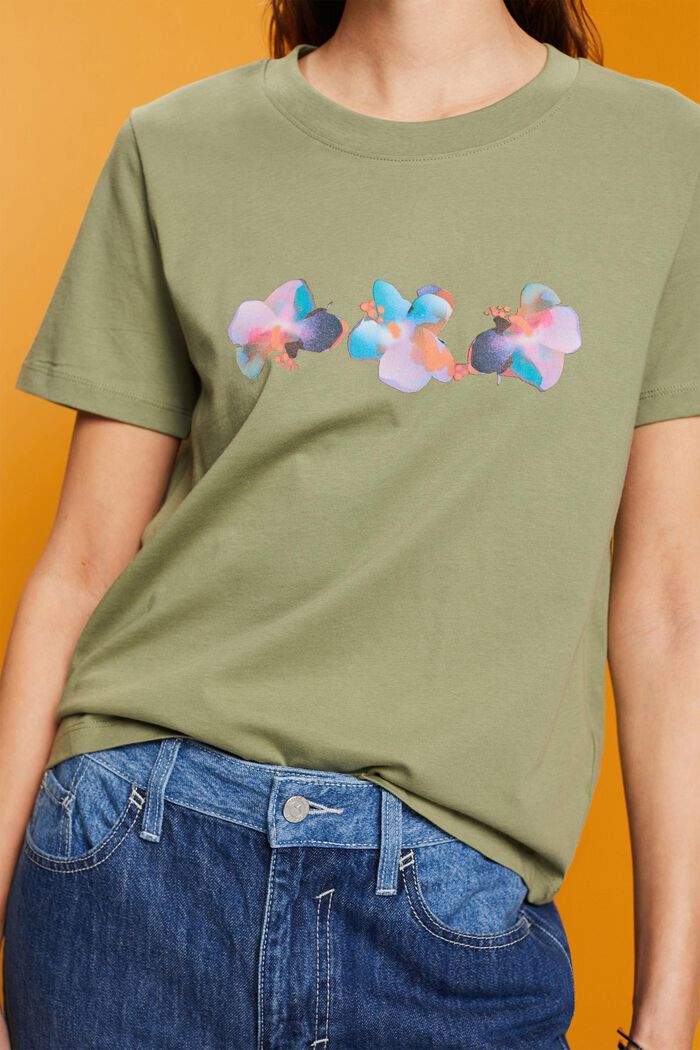 Kukkakuvioitu t-paita puuvillaa, LIGHT KHAKI, detail image number 2