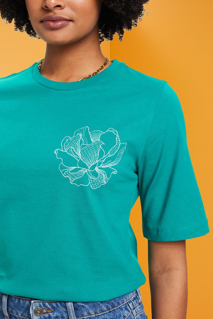 Puuvillainen t-paita kukkakirjailulla, EMERALD GREEN, detail image number 2