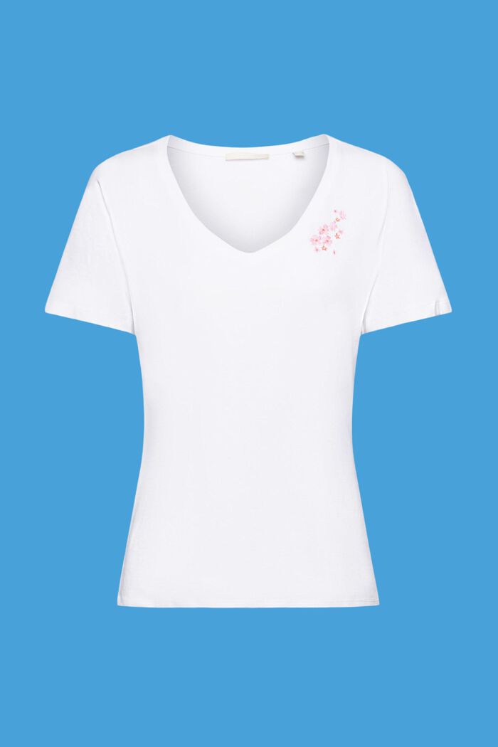T-paita V-pääntiellä ja kukkabrodeerauksella, WHITE, detail image number 5
