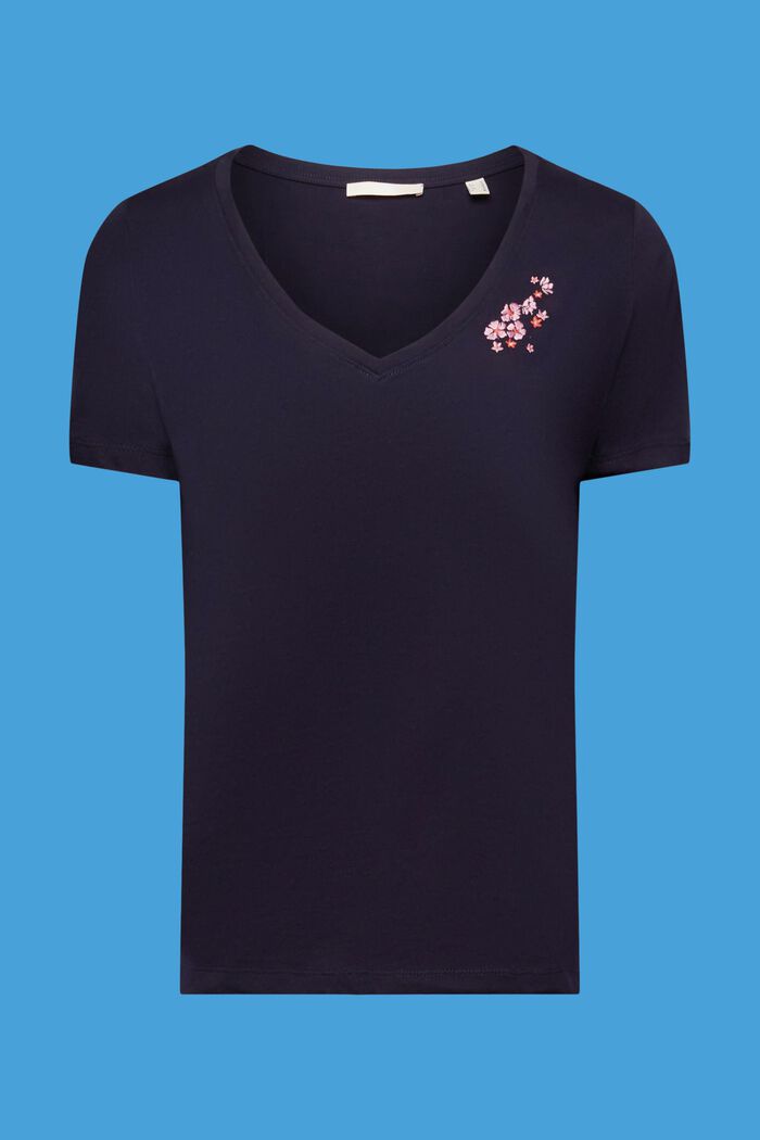 T-paita V-pääntiellä ja kukkabrodeerauksella, NAVY, detail image number 5
