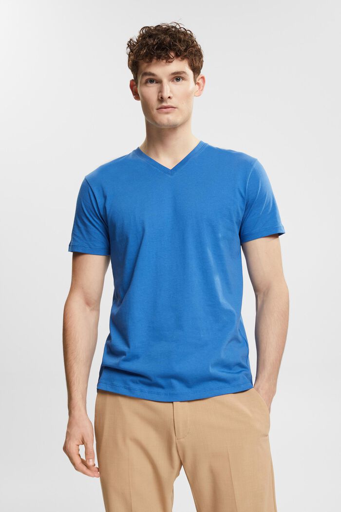 Vastuullisesta puuvillasta valmistettu T-paita, jossa V-pääntie, BLUE, overview