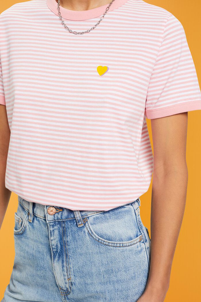 Brodeerattu raita-T-paita puuvillaa, PINK, detail image number 2