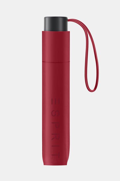 Punainen taskusateenvarjo, jossa logopainatus